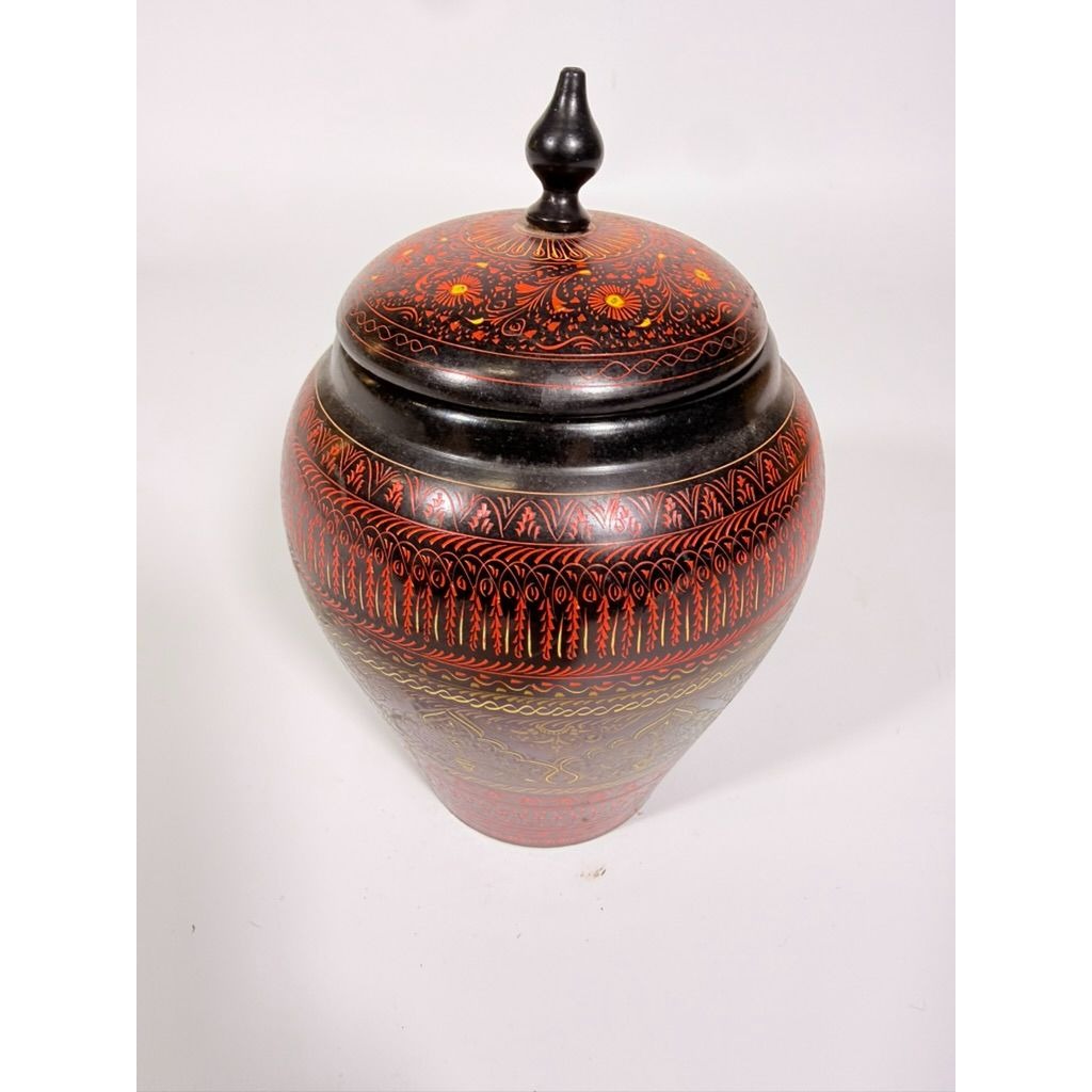 Jar Urn Canister Hand Carved Wooden Lacquer Pakistan Naqashi Turkish Handcrafted Shelf Kitchen Kitchen Decor Red Black Flower Floral