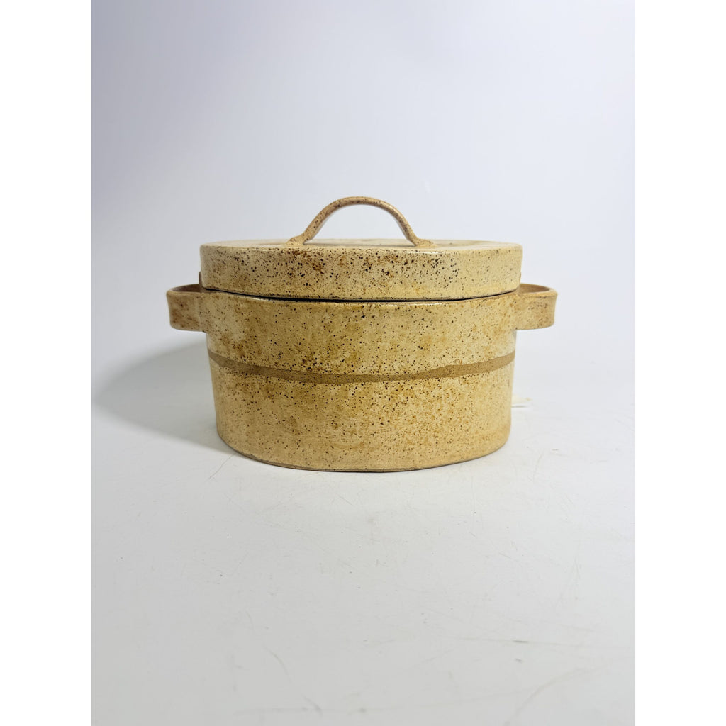 Pottery Lidded Casserole Dish Vintage Stoneware Artist SIgned Themicoult Handled Mid Century Beige Hand Thrown Dinnerware Serveware