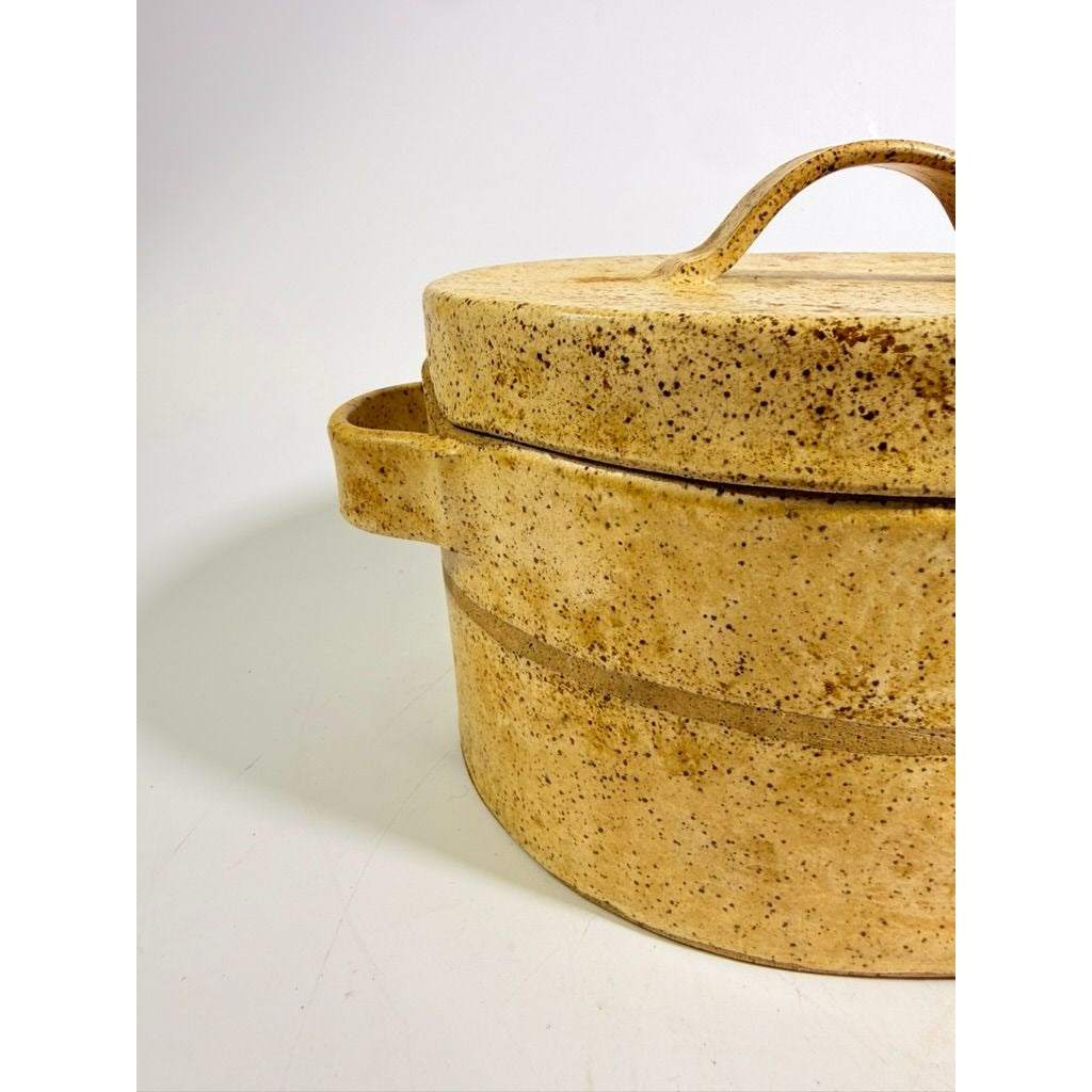 Pottery Lidded Casserole Dish Vintage Stoneware Artist SIgned Themicoult Handled Mid Century Beige Hand Thrown Dinnerware Serveware