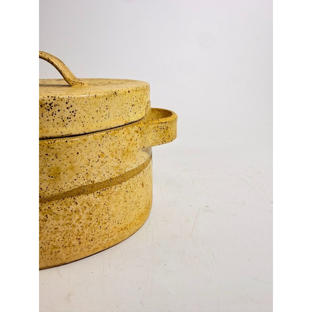 Pottery Lidded Casserole Dish Vintage Stoneware Artist SIgned Themicoult Handled Mid Century Beige Hand Thrown Dinnerware Serveware
