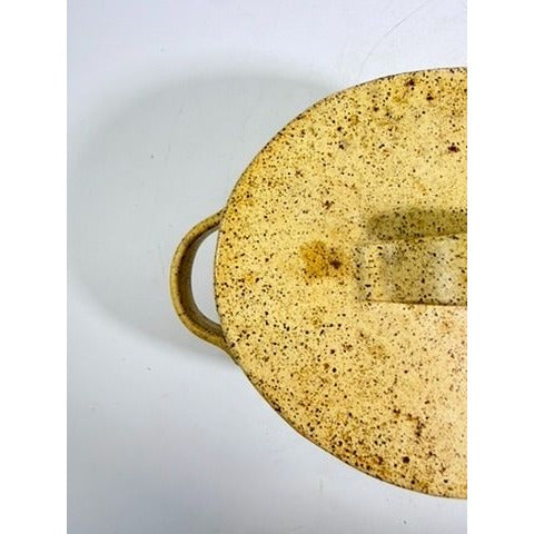Pottery Lidded Casserole Dish Vintage Stoneware Artist SIgned Themicoult Handled Mid Century Beige Hand Thrown Dinnerware Serveware