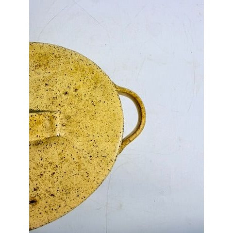 Pottery Lidded Casserole Dish Vintage Stoneware Artist SIgned Themicoult Handled Mid Century Beige Hand Thrown Dinnerware Serveware