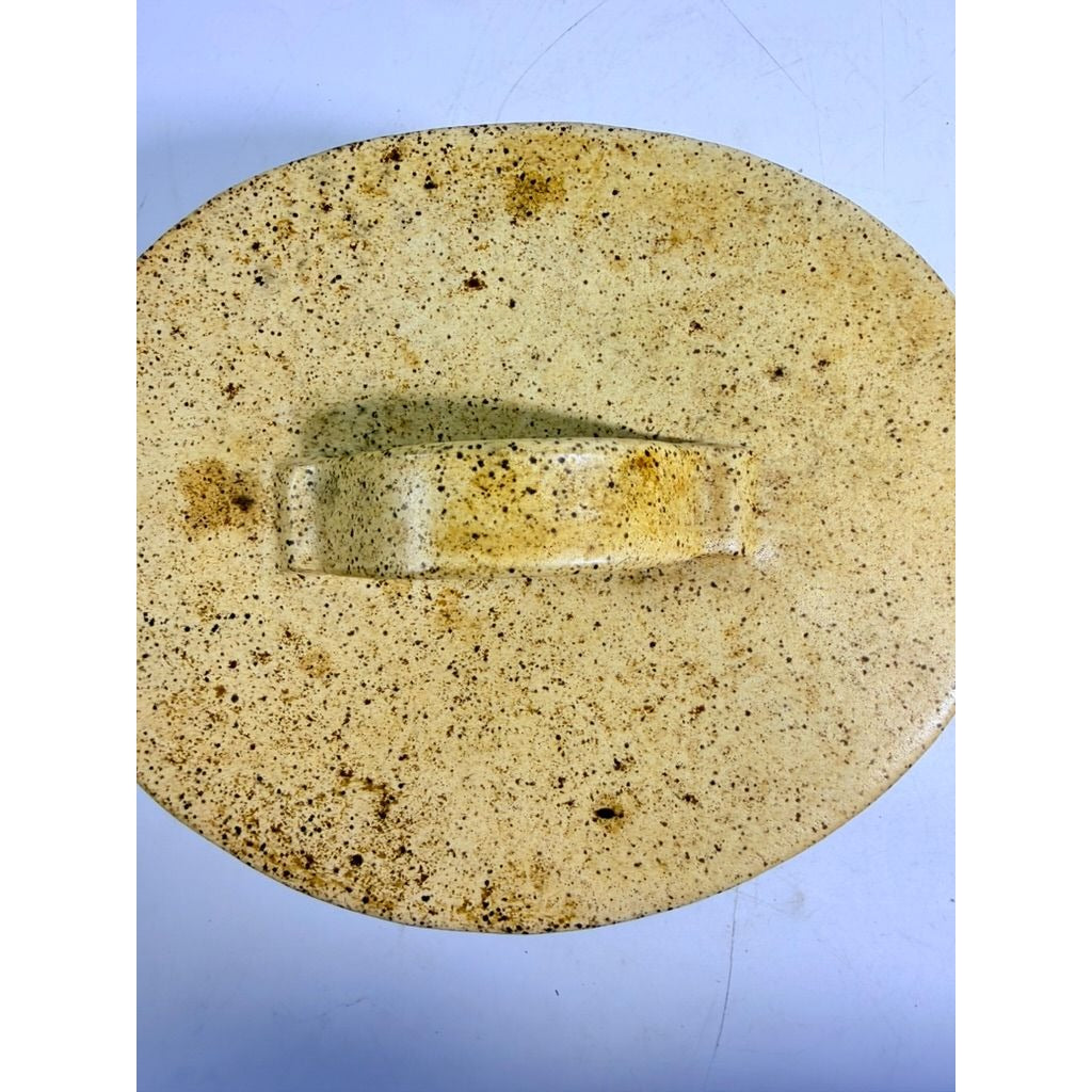 Pottery Lidded Casserole Dish Vintage Stoneware Artist SIgned Themicoult Handled Mid Century Beige Hand Thrown Dinnerware Serveware