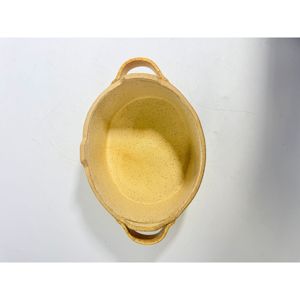 Pottery Lidded Casserole Dish Vintage Stoneware Artist SIgned Themicoult Handled Mid Century Beige Hand Thrown Dinnerware Serveware