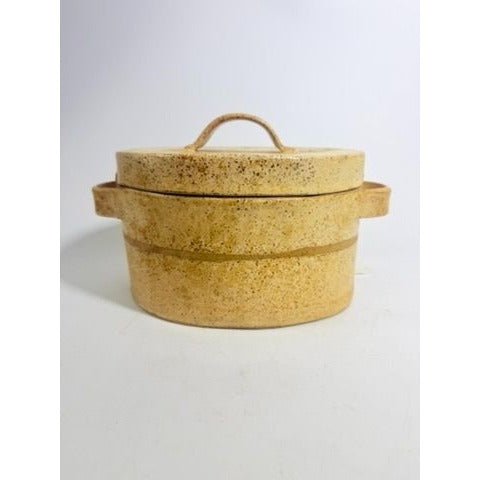 Pottery Lidded Casserole Dish Vintage Stoneware Artist SIgned Themicoult Handled Mid Century Beige Hand Thrown Dinnerware Serveware