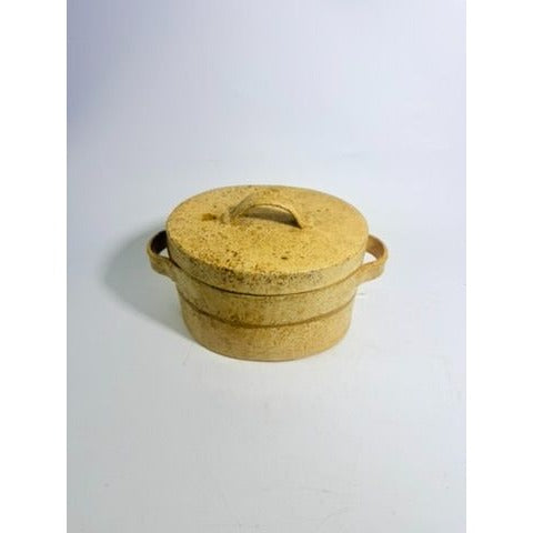 Pottery Lidded Casserole Dish Vintage Stoneware Artist SIgned Themicoult Handled Mid Century Beige Hand Thrown Dinnerware Serveware