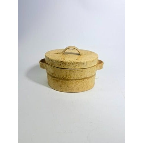 Pottery Lidded Casserole Dish Vintage Stoneware Artist SIgned Themicoult Handled Mid Century Beige Hand Thrown Dinnerware Serveware