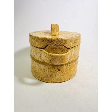 Pottery Lidded Casserole Dish Vintage Stoneware Artist SIgned Themicoult Handled Mid Century Beige Hand Thrown Dinnerware Serveware