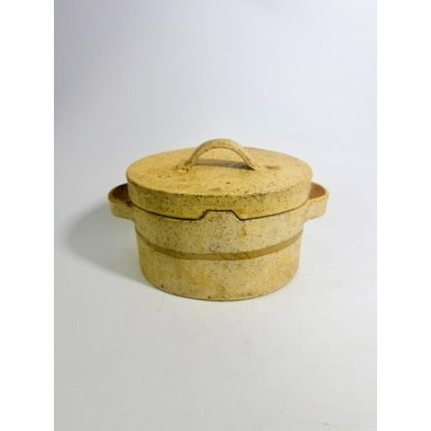 Pottery Lidded Casserole Dish Vintage Stoneware Artist SIgned Themicoult Handled Mid Century Beige Hand Thrown Dinnerware Serveware