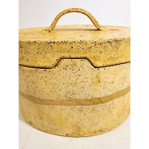 Pottery Lidded Casserole Dish Vintage Stoneware Artist SIgned Themicoult Handled Mid Century Beige Hand Thrown Dinnerware Serveware