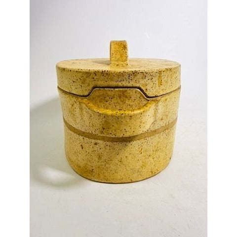 Pottery Lidded Casserole Dish Vintage Stoneware Artist SIgned Themicoult Handled Mid Century Beige Hand Thrown Dinnerware Serveware