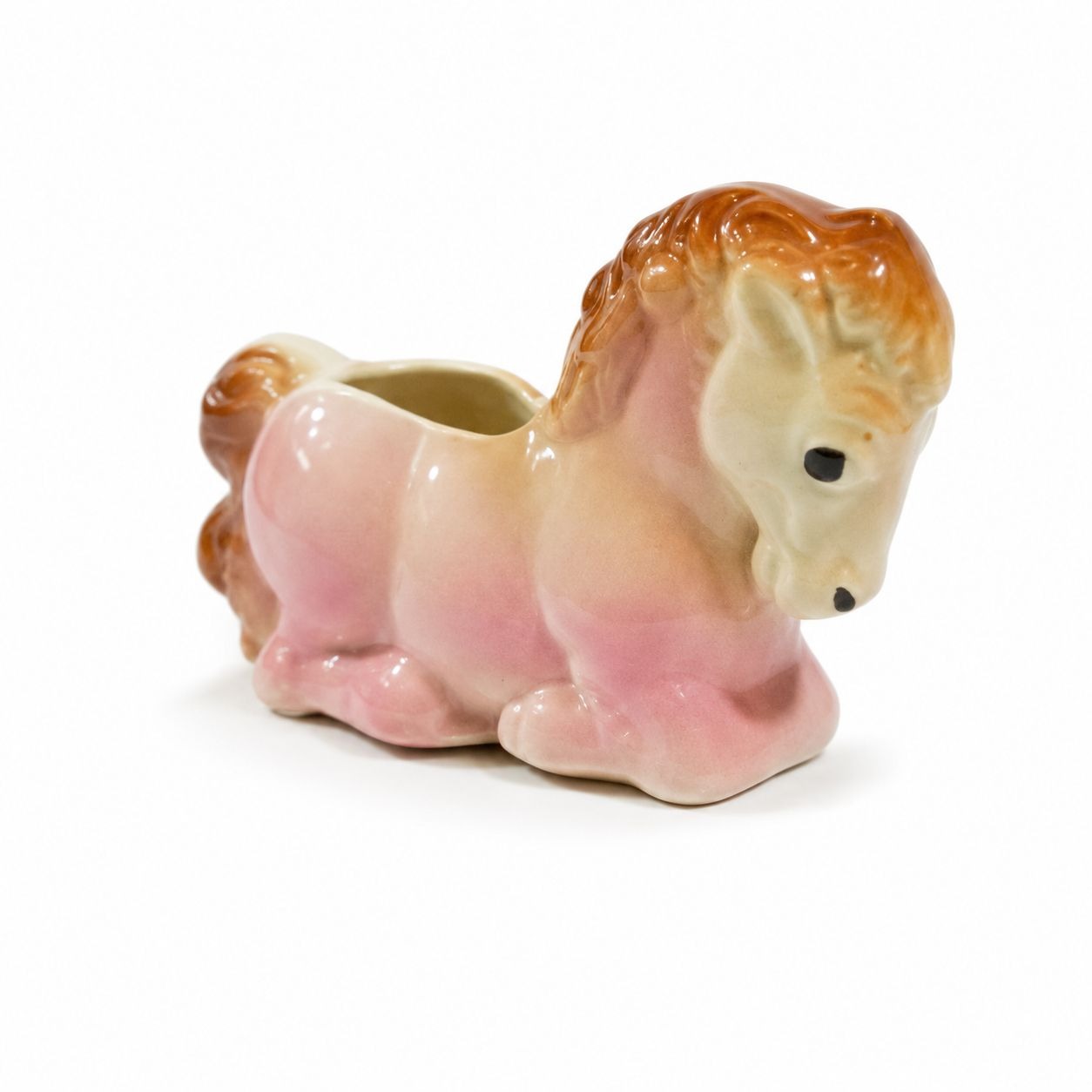 Pottery Planter Pot Kneeling Horse Pink Hand Painted Vintage Pastel Flower Succelents Nursery Room Home Decor Mid Century
