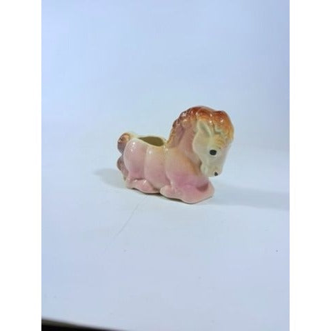 Pottery Planter Pot Kneeling Horse Pink Hand Painted Vintage Pastel Flower Succelents Nursery Room Home Decor Mid Century