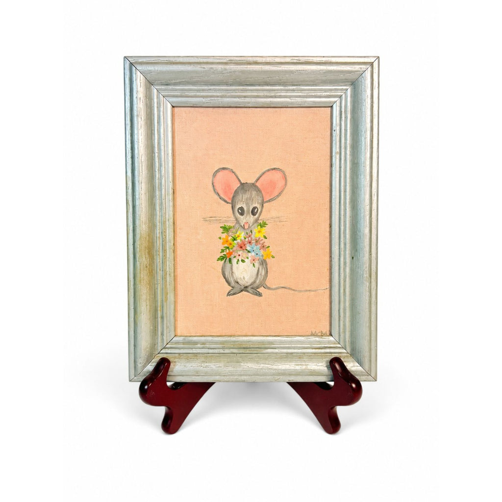 Oil Painting Mini Mouse with Flowers Vintage Mid Century Hand Painted Wall Gallery Kitchy Art