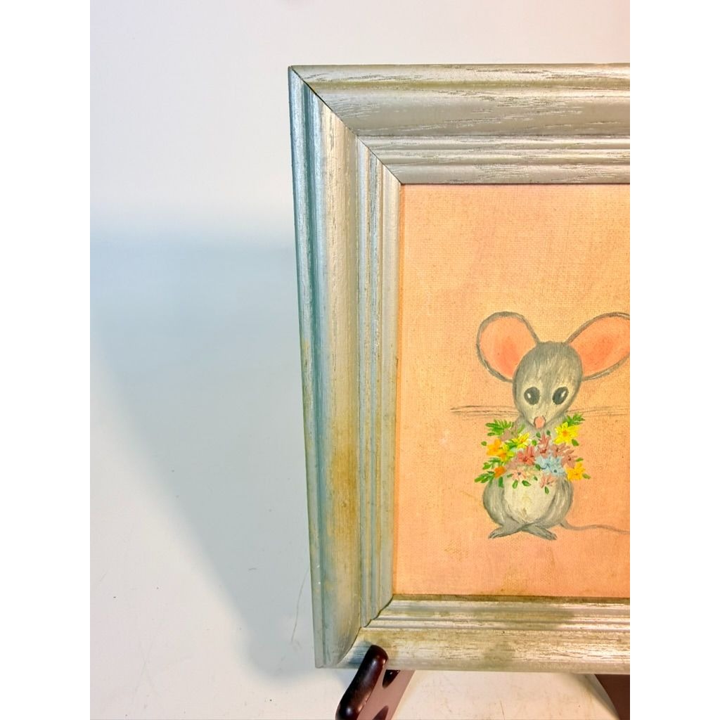 Oil Painting Mini Mouse with Flowers Vintage Mid Century Hand Painted Wall Gallery Kitchy Art
