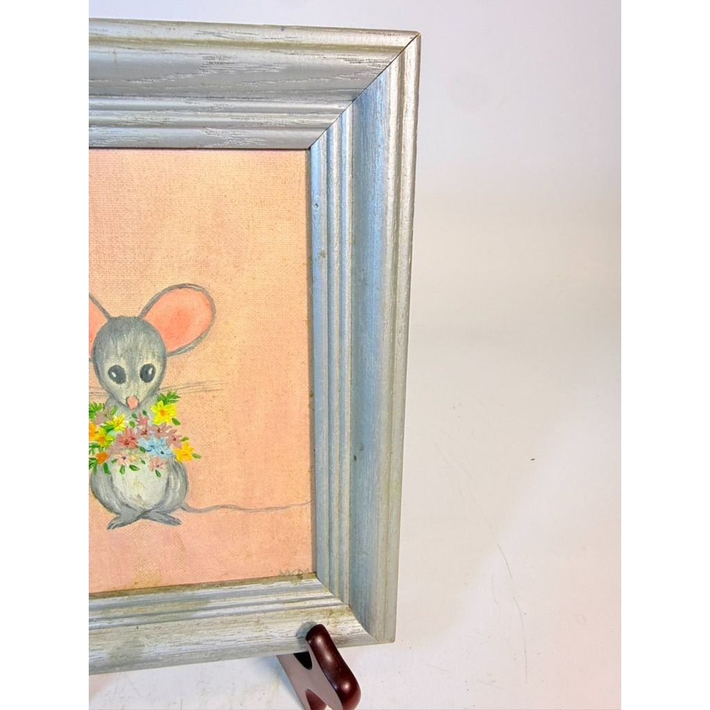 Oil Painting Mini Mouse with Flowers Vintage Mid Century Hand Painted Wall Gallery Kitchy Art