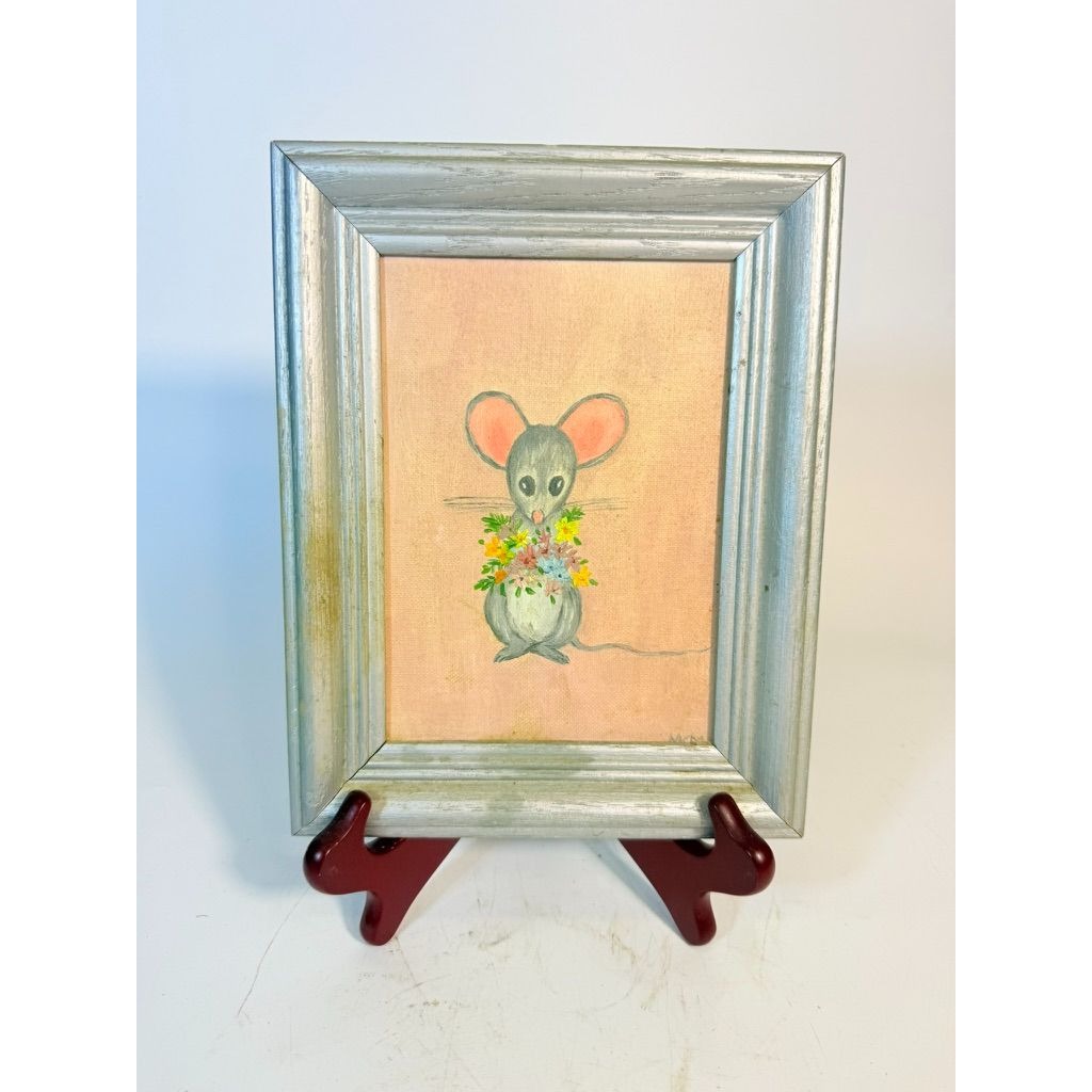 Oil Painting Mini Mouse with Flowers Vintage Mid Century Hand Painted Wall Gallery Kitchy Art