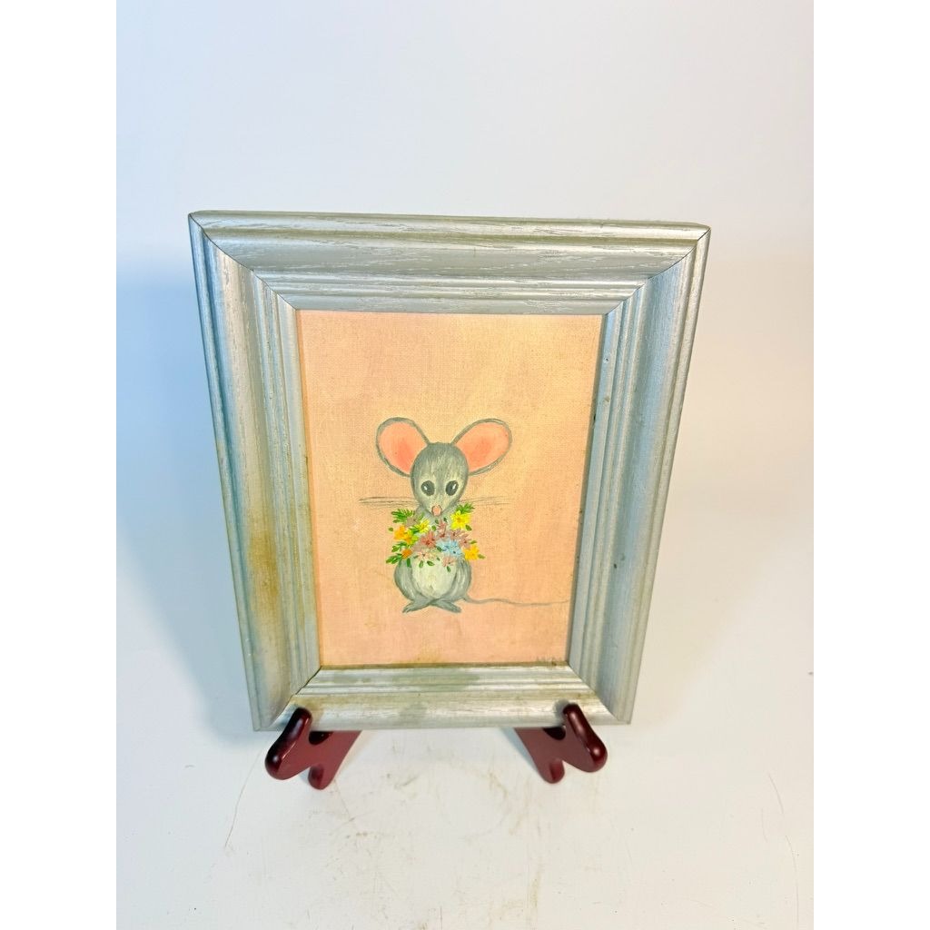 Oil Painting Mini Mouse with Flowers Vintage Mid Century Hand Painted Wall Gallery Kitchy Art