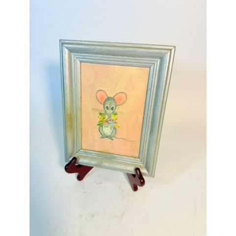 Oil Painting Mini Mouse with Flowers Vintage Mid Century Hand Painted Wall Gallery Kitchy Art