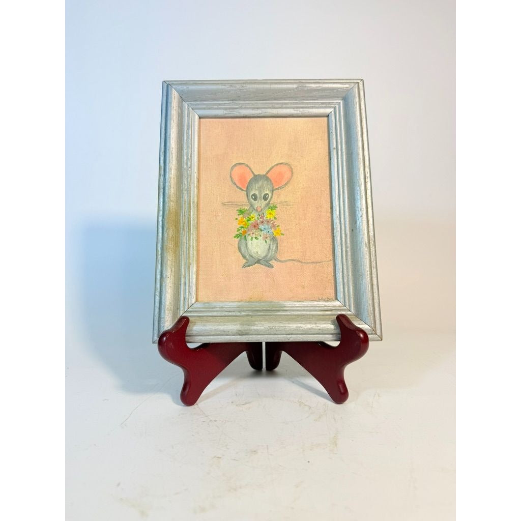 Oil Painting Mini Mouse with Flowers Vintage Mid Century Hand Painted Wall Gallery Kitchy Art