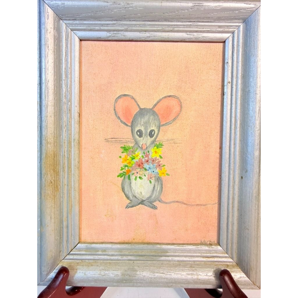 Oil Painting Mini Mouse with Flowers Vintage Mid Century Hand Painted Wall Gallery Kitchy Art