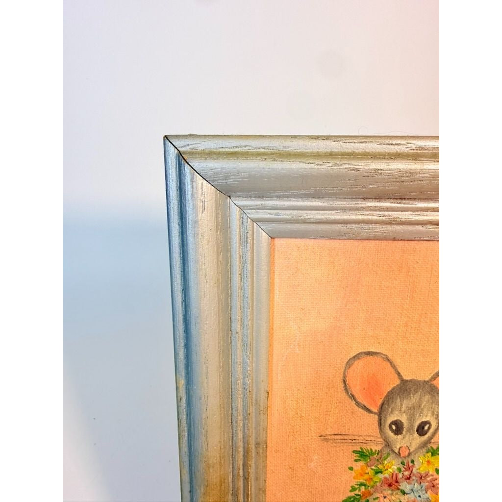 Oil Painting Mini Mouse with Flowers Vintage Mid Century Hand Painted Wall Gallery Kitchy Art