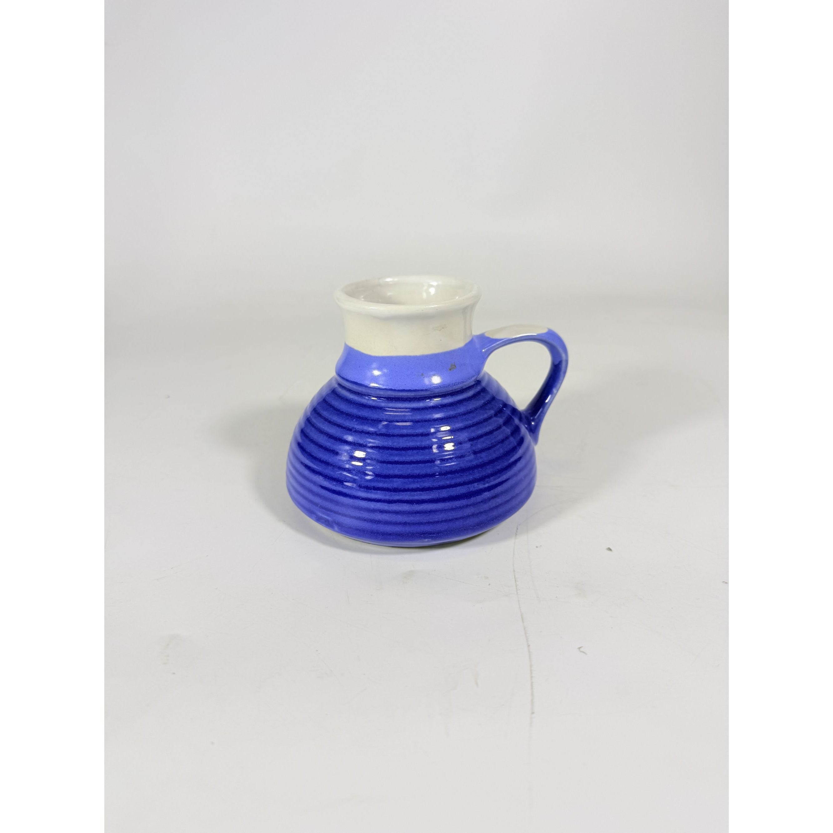 Pottery coffee mug Wide Bottom No skid Sip Honeycomb Blue Cream Glazed Ceramic Travel Replacement VIntage