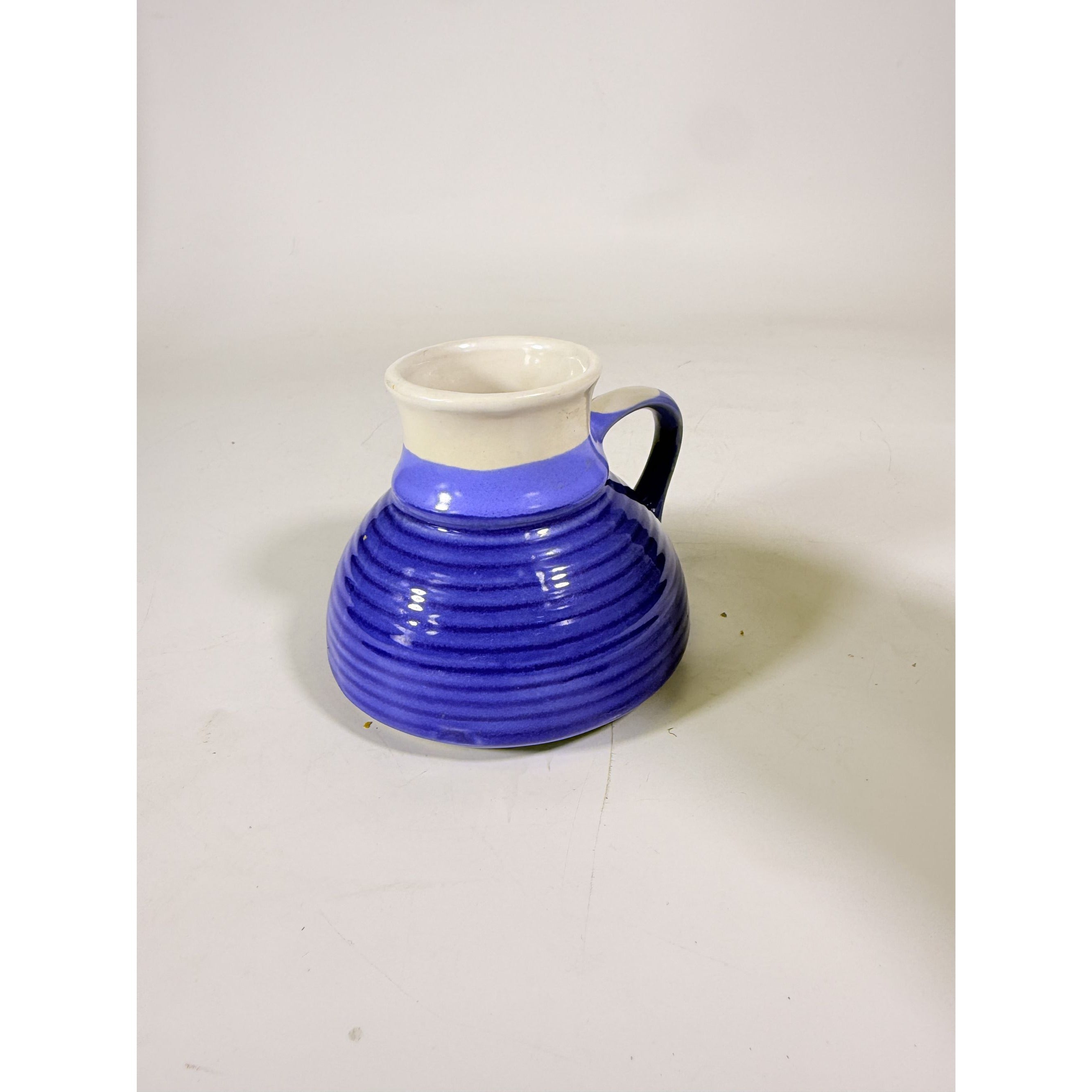 Pottery coffee mug Wide Bottom No skid Sip Honeycomb Blue Cream Glazed Ceramic Travel Replacement VIntage