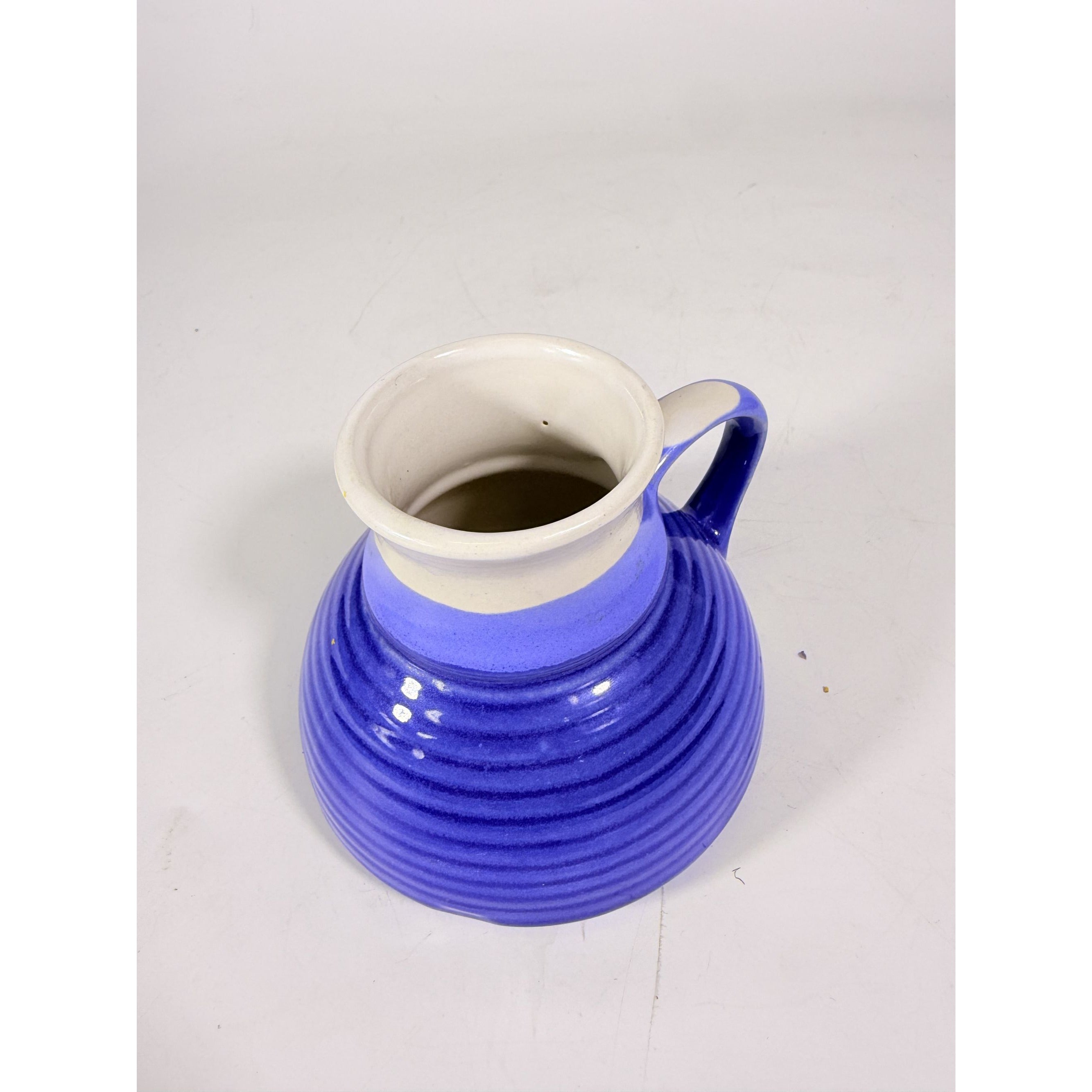 Pottery coffee mug Wide Bottom No skid Sip Honeycomb Blue Cream Glazed Ceramic Travel Replacement VIntage