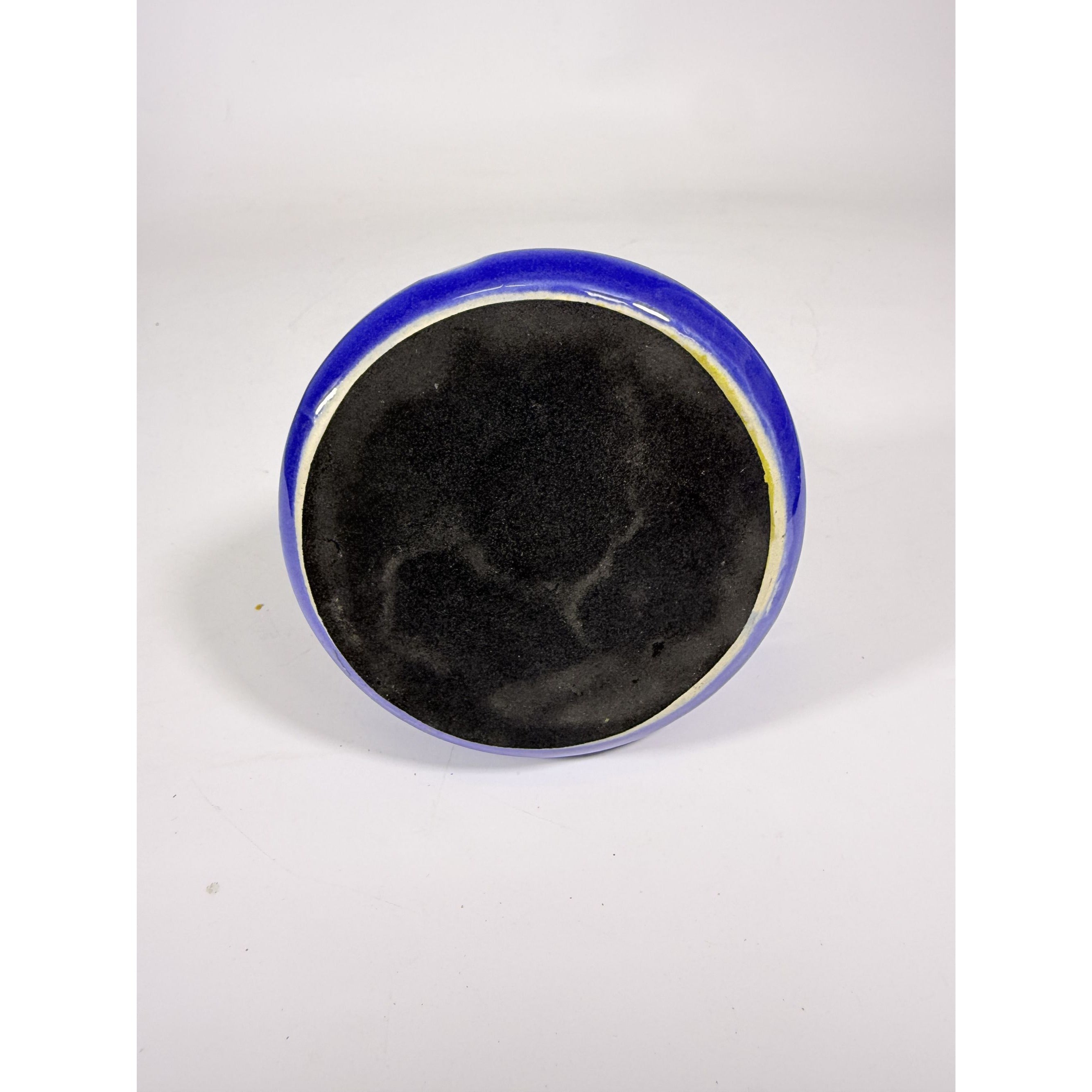 Pottery coffee mug Wide Bottom No skid Sip Honeycomb Blue Cream Glazed Ceramic Travel Replacement VIntage