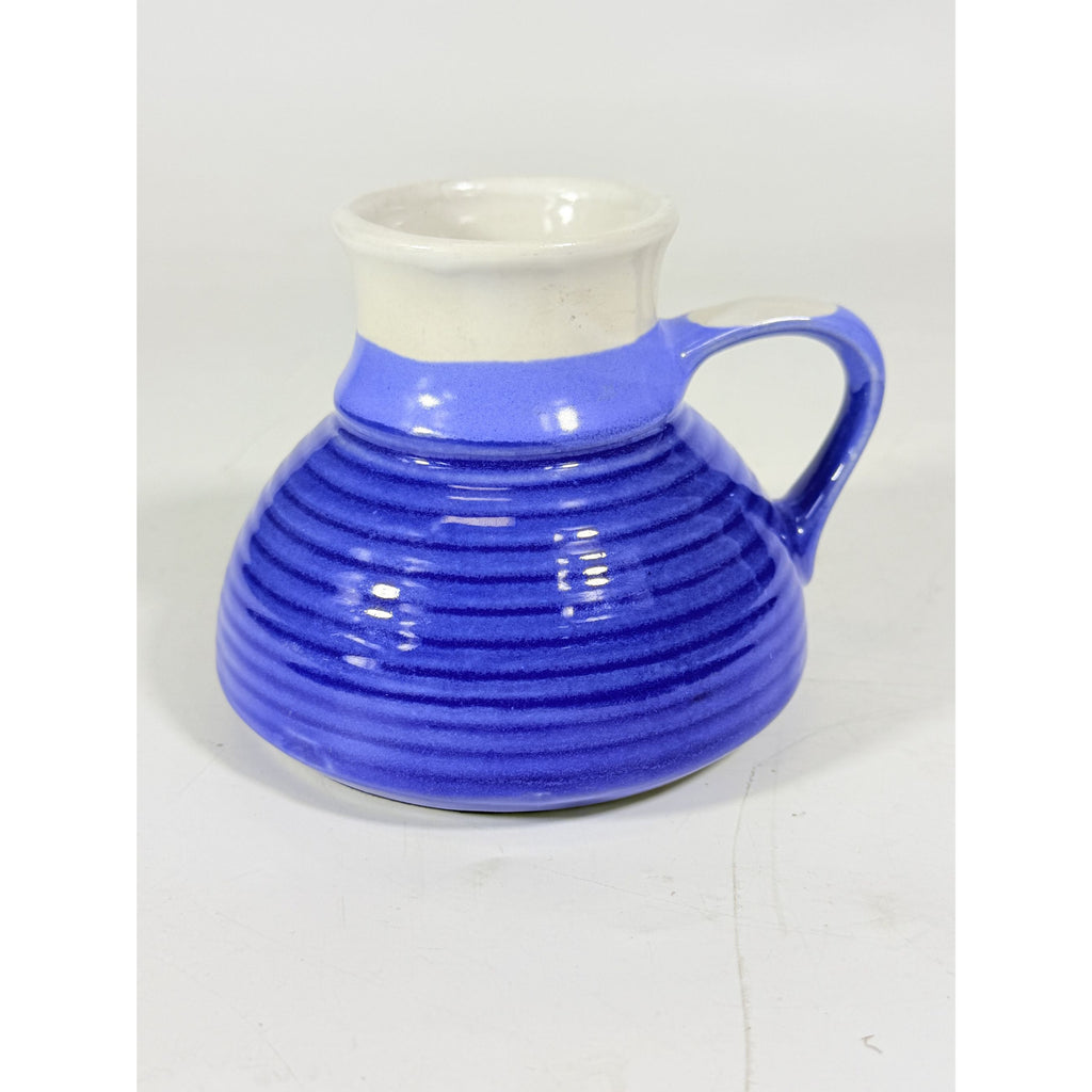 Pottery coffee mug Wide Bottom No skid Sip Honeycomb Blue Cream Glazed Ceramic Travel Replacement VIntage