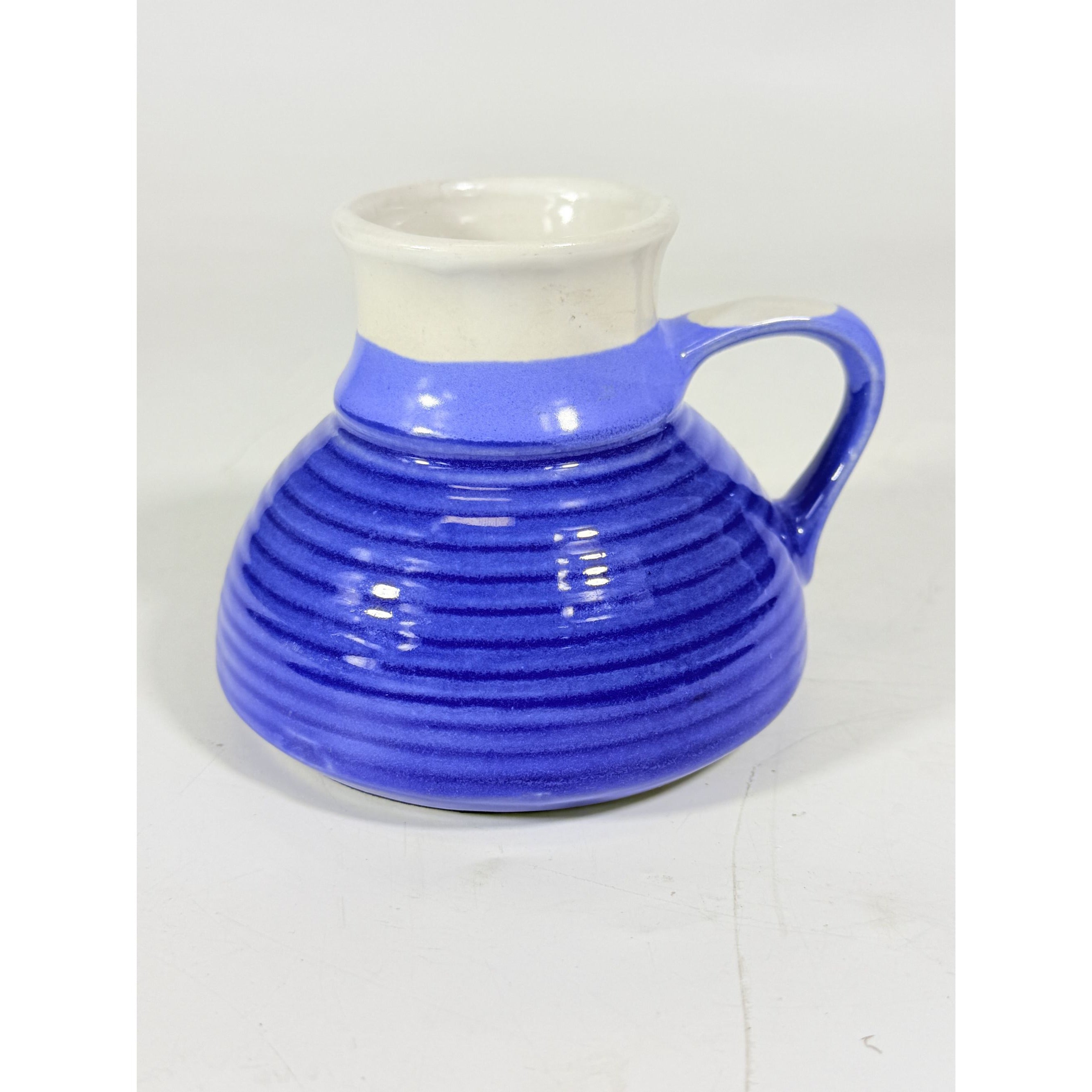 Pottery coffee mug Wide Bottom No skid Sip Honeycomb Blue Cream Glazed Ceramic Travel Replacement VIntage