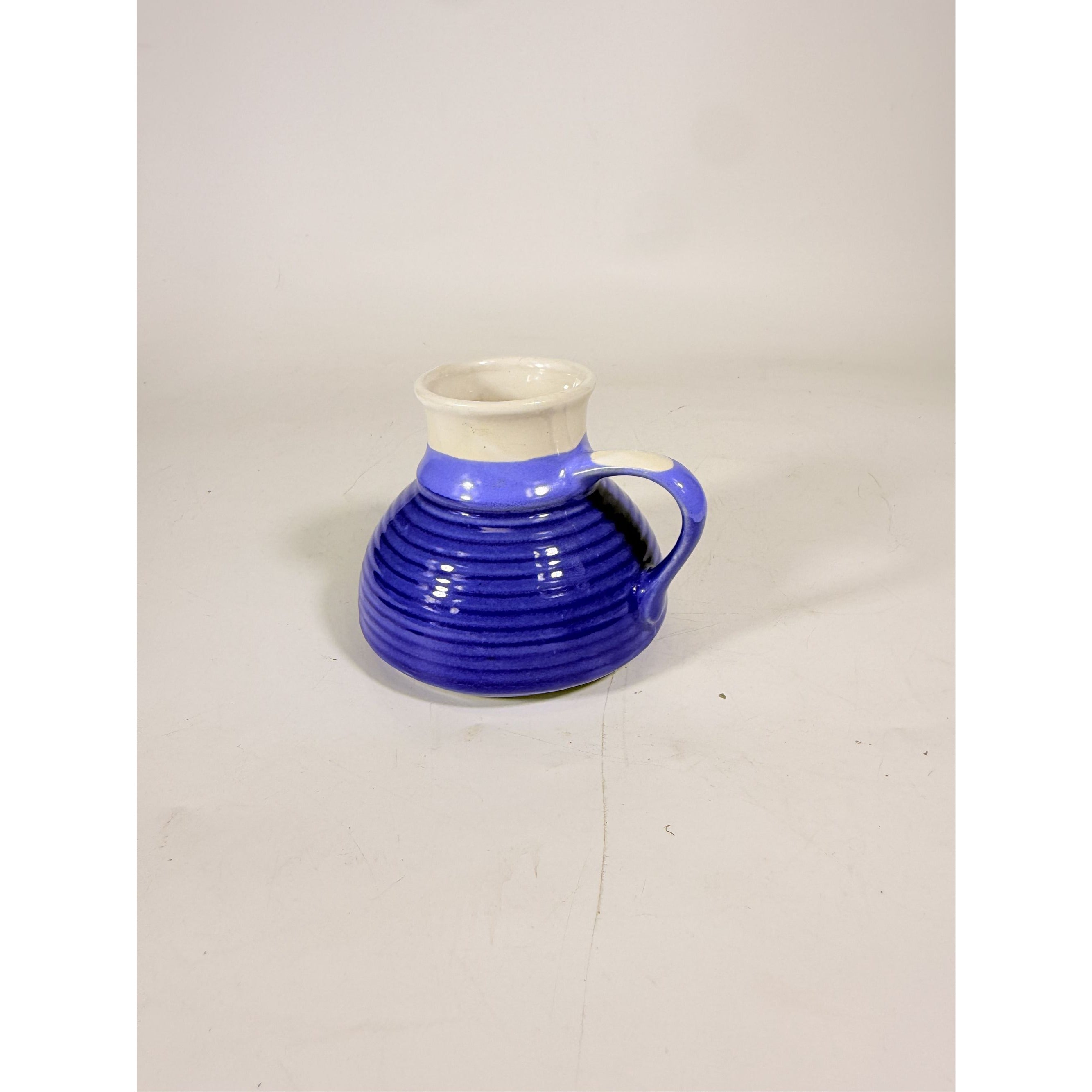 Pottery coffee mug Wide Bottom No skid Sip Honeycomb Blue Cream Glazed Ceramic Travel Replacement VIntage