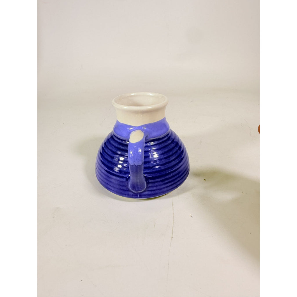 Pottery coffee mug Wide Bottom No skid Sip Honeycomb Blue Cream Glazed Ceramic Travel Replacement VIntage