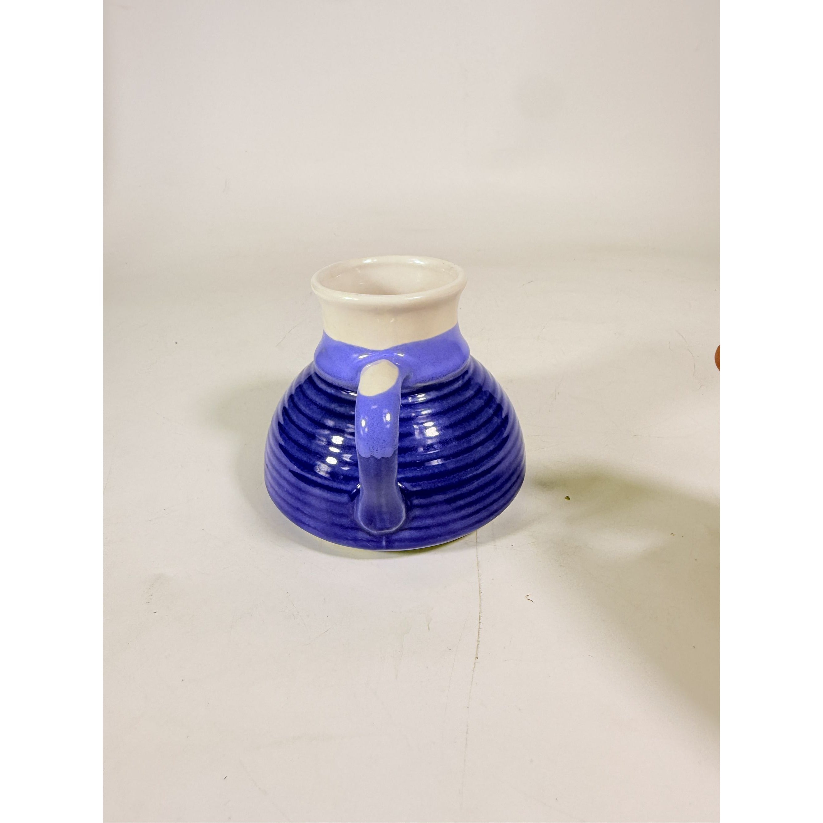 Pottery coffee mug Wide Bottom No skid Sip Honeycomb Blue Cream Glazed Ceramic Travel Replacement VIntage