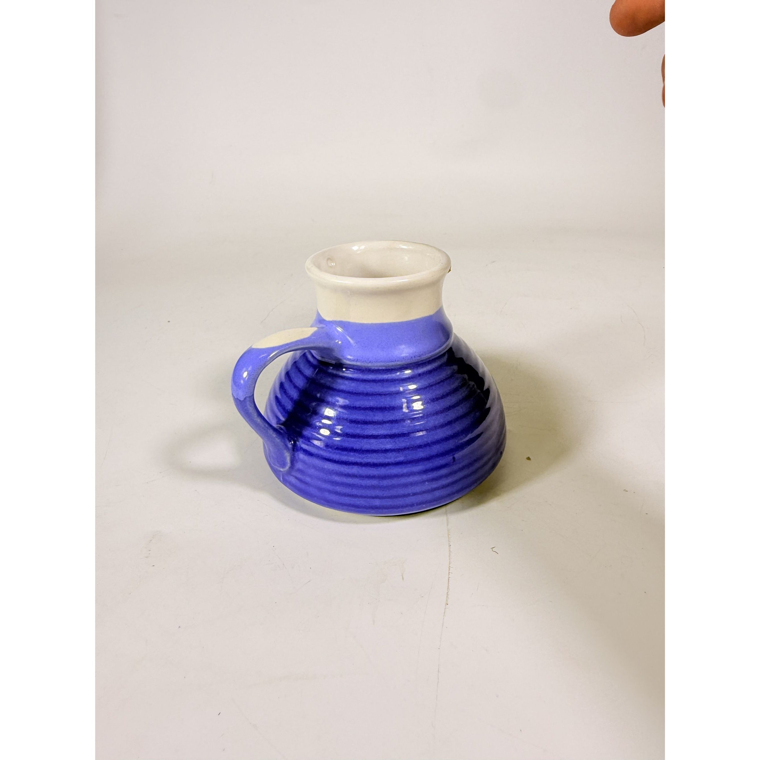 Pottery coffee mug Wide Bottom No skid Sip Honeycomb Blue Cream Glazed Ceramic Travel Replacement VIntage