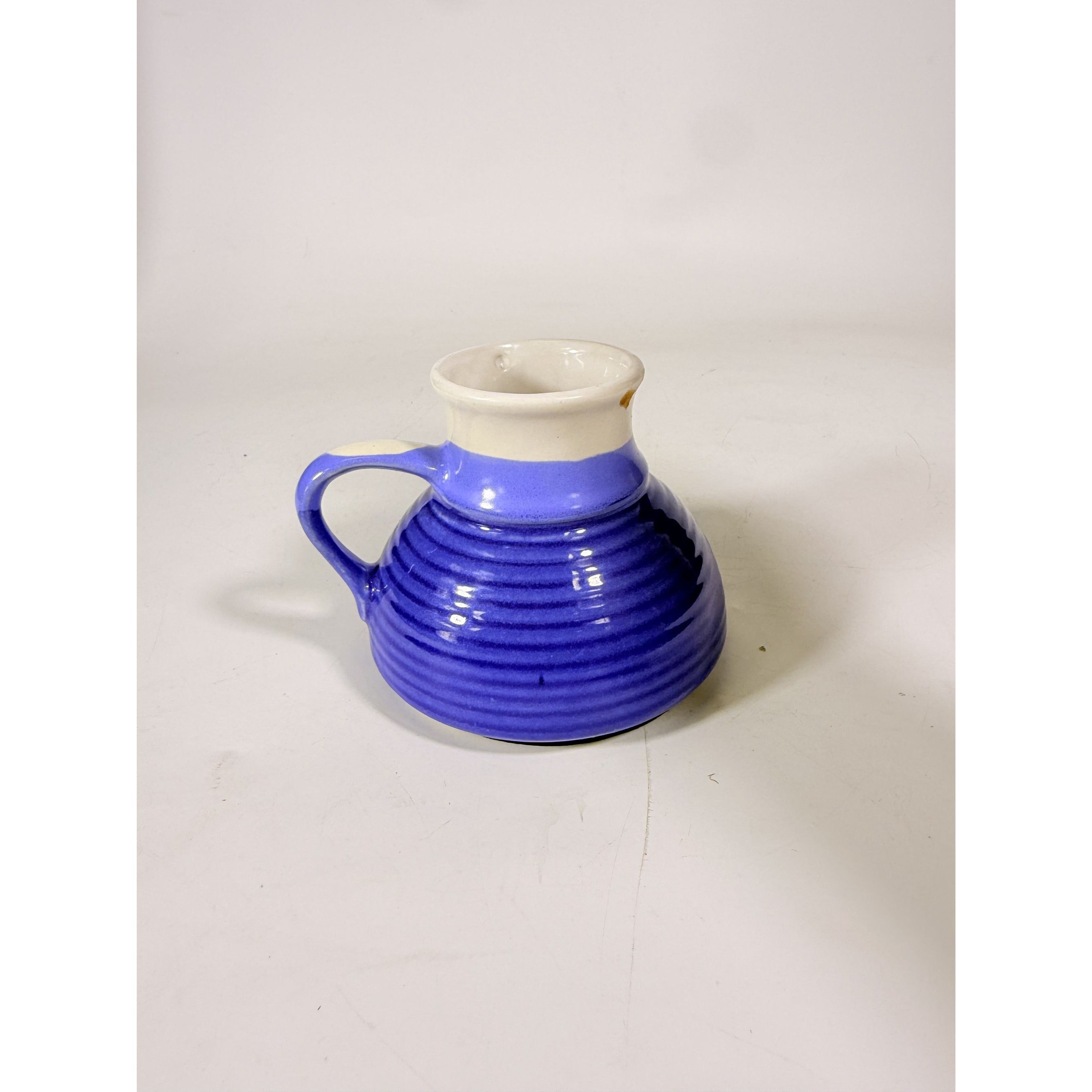 Pottery coffee mug Wide Bottom No skid Sip Honeycomb Blue Cream Glazed Ceramic Travel Replacement VIntage