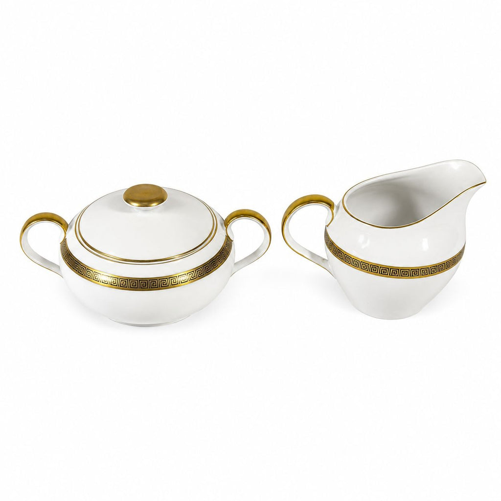 Cream and Sugar Bowl Set Key Largo by Meito Black Greek Key On Gold Band Royal M Japan Replacement China Vintage Elegant Traditional