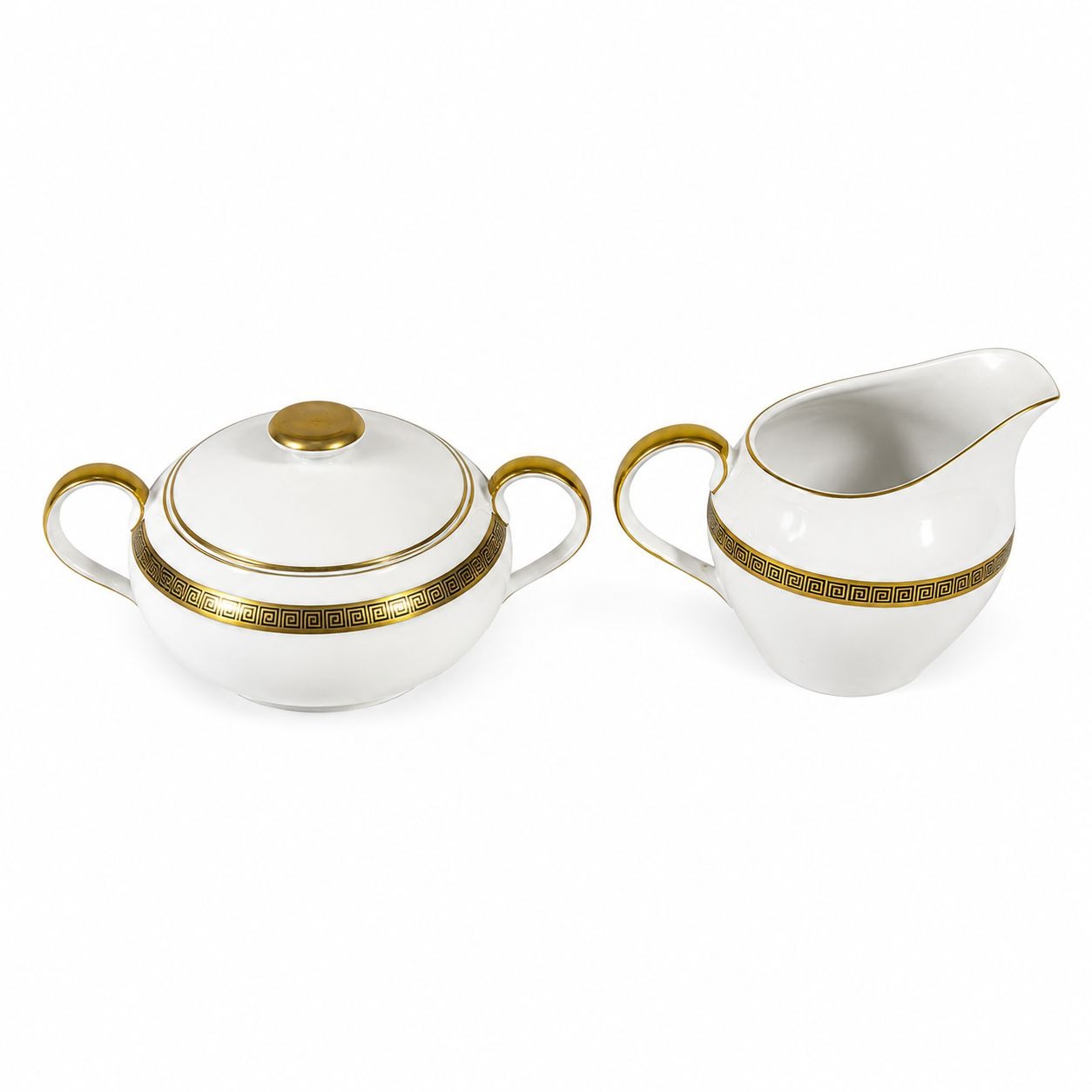 Cream and Sugar Bowl Set Key Largo by Meito Black Greek Key On Gold Band Royal M Japan Replacement China Vintage Elegant Traditional