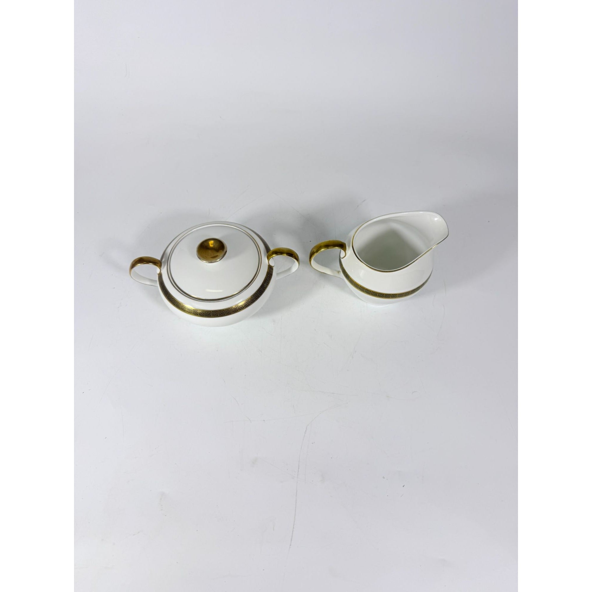 Cream and Sugar Bowl Set Key Largo by Meito Black Greek Key On Gold Band Royal M Japan Replacement China Vintage Elegant Traditional
