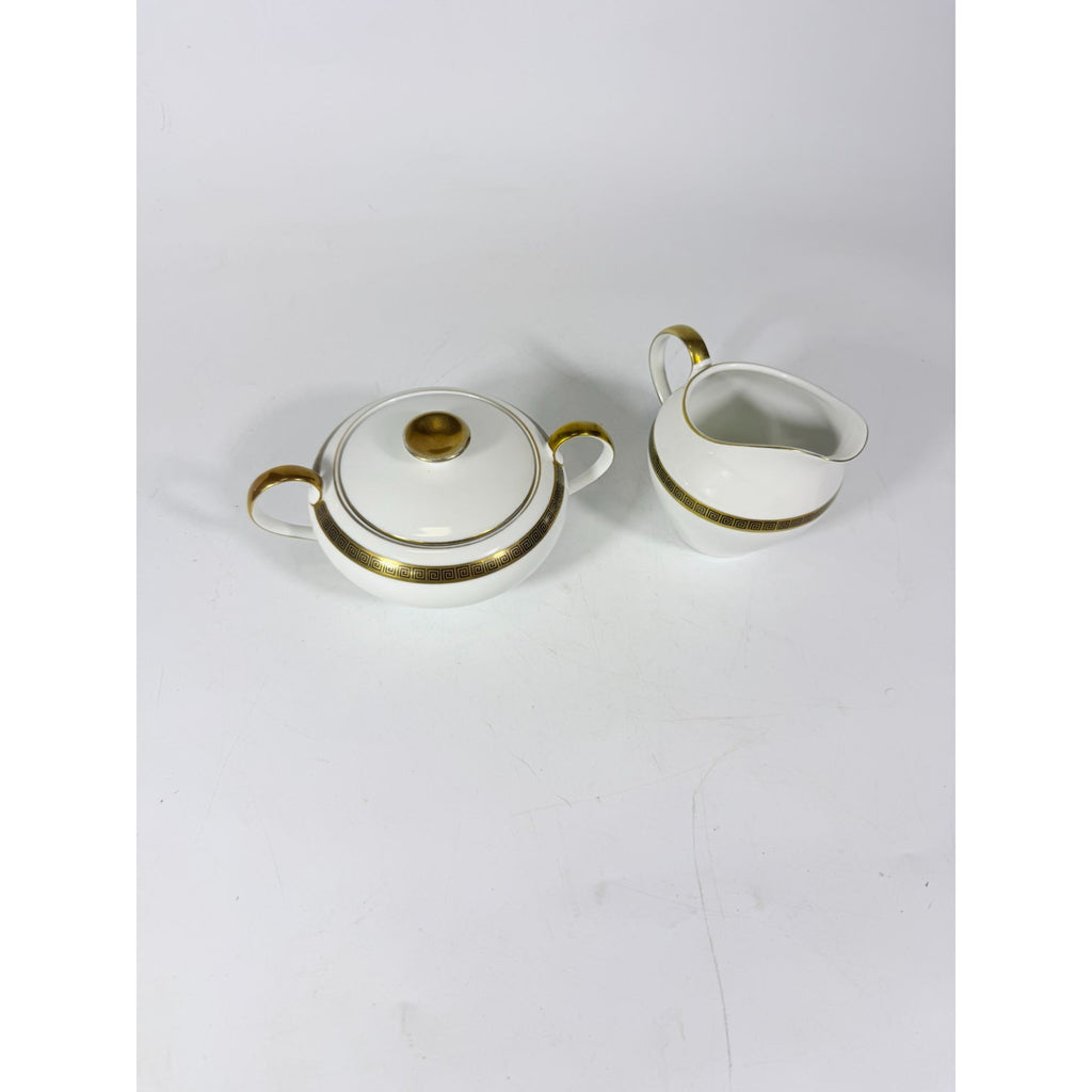 Cream and Sugar Bowl Set Key Largo by Meito Black Greek Key On Gold Band Royal M Japan Replacement China Vintage Elegant Traditional