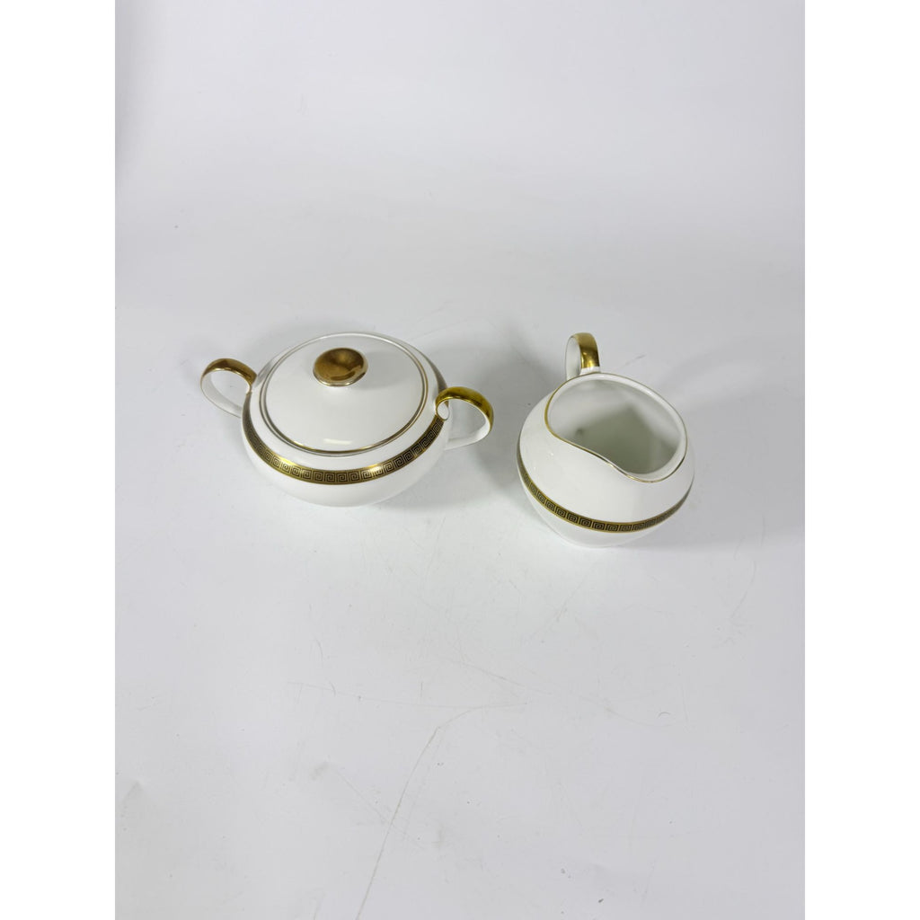Cream and Sugar Bowl Set Key Largo by Meito Black Greek Key On Gold Band Royal M Japan Replacement China Vintage Elegant Traditional
