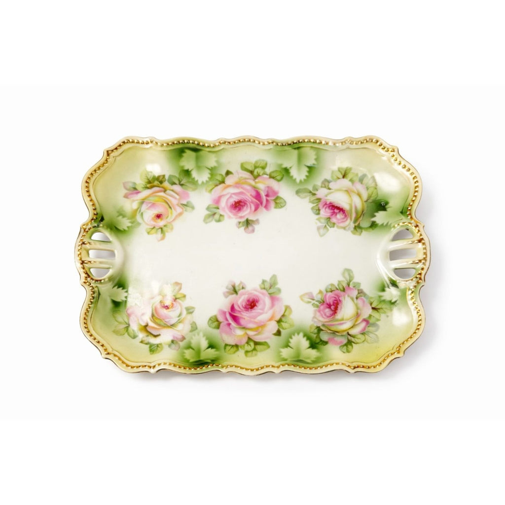 Bread Celery Serving Tray Dish PK Silesia Pink Roses Pierced Reticulated Handles Vintage Hand Painted Flowers Replacement China Victorian