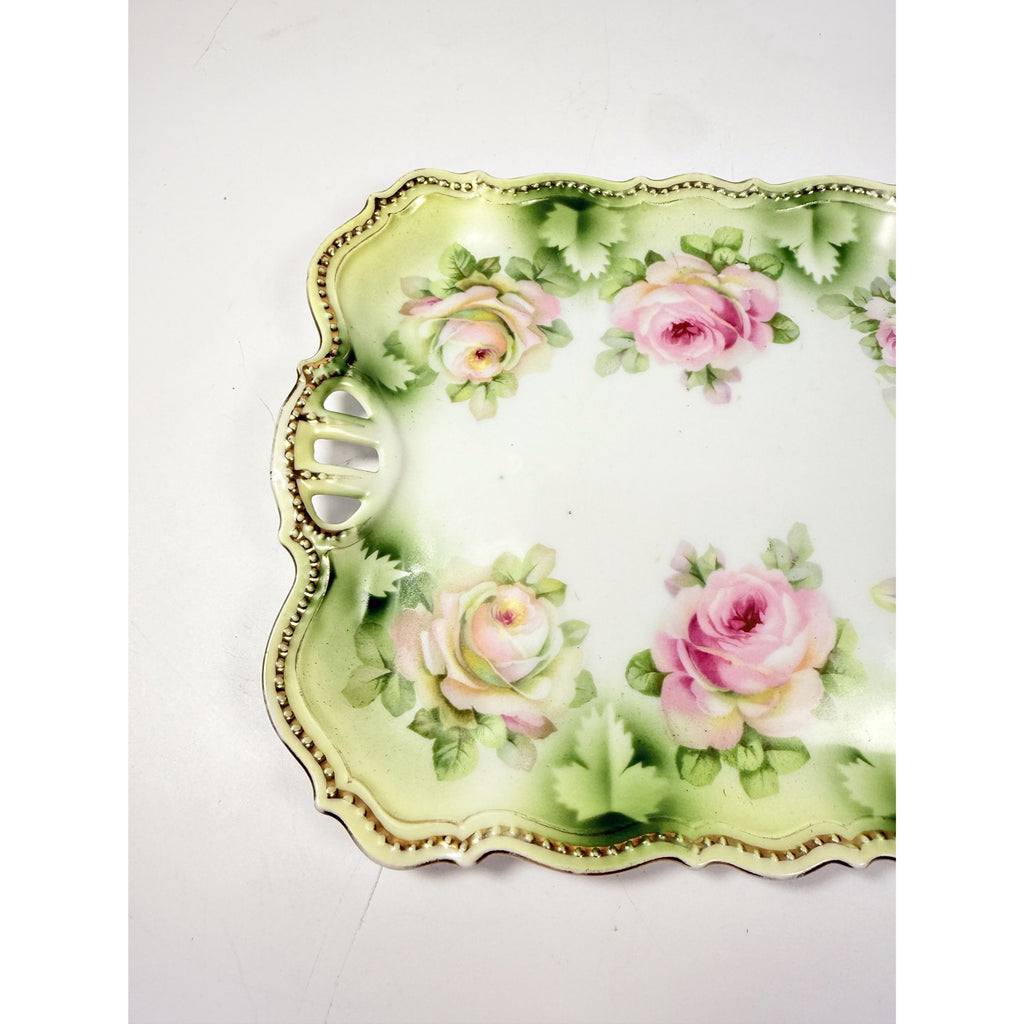 Bread Celery Serving Tray Dish PK Silesia Pink Roses Pierced Reticulated Handles Vintage Hand Painted Flowers Replacement China Victorian