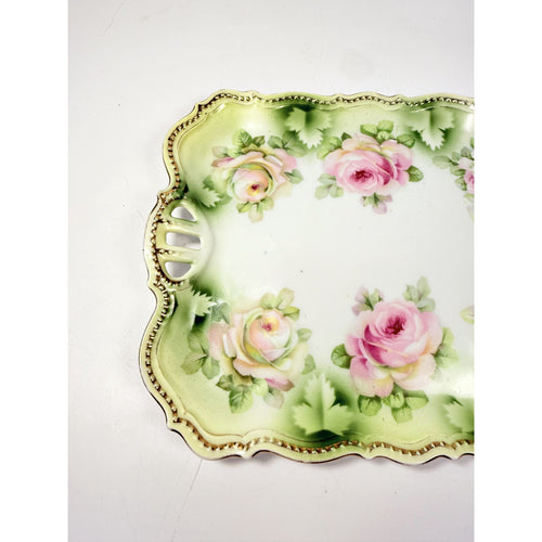 Bread Celery Serving Tray Dish PK Silesia Pink Roses Pierced Reticulated Handles Vintage Hand Painted Flowers Replacement China Victorian