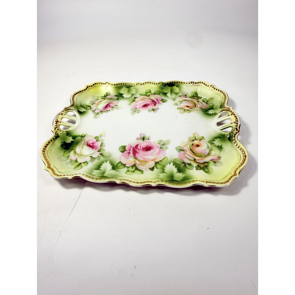 Bread Celery Serving Tray Dish PK Silesia Pink Roses Pierced Reticulated Handles Vintage Hand Painted Flowers Replacement China Victorian
