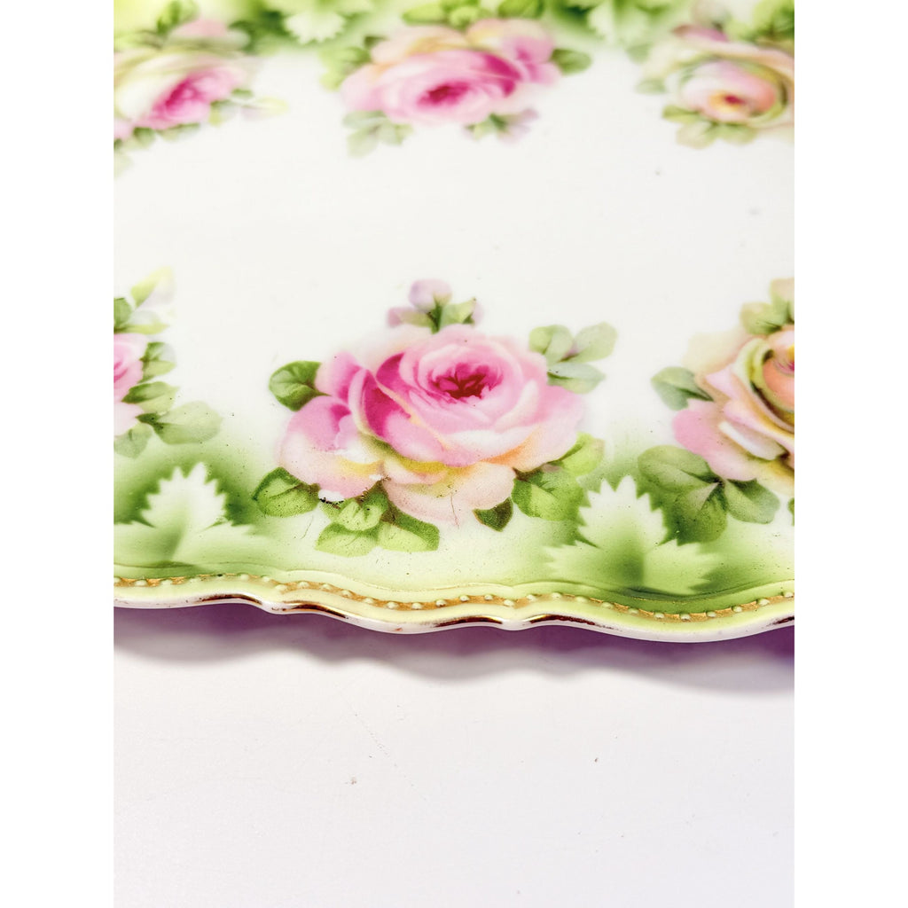 Bread Celery Serving Tray Dish PK Silesia Pink Roses Pierced Reticulated Handles Vintage Hand Painted Flowers Replacement China Victorian