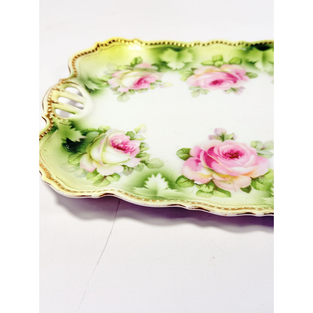 Bread Celery Serving Tray Dish PK Silesia Pink Roses Pierced Reticulated Handles Vintage Hand Painted Flowers Replacement China Victorian