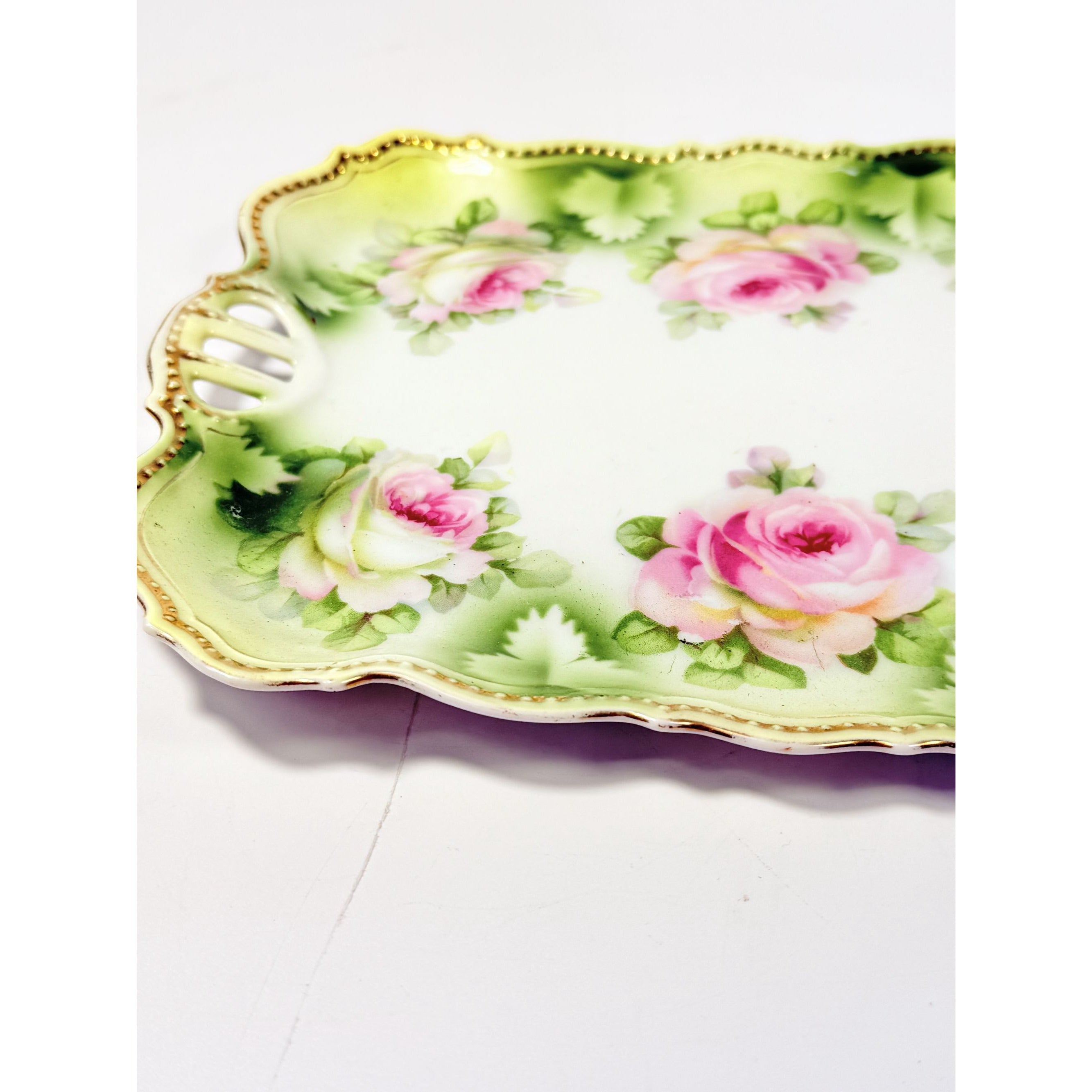 Bread Celery Serving Tray Dish PK Silesia Pink Roses Pierced Reticulated Handles Vintage Hand Painted Flowers Replacement China Victorian