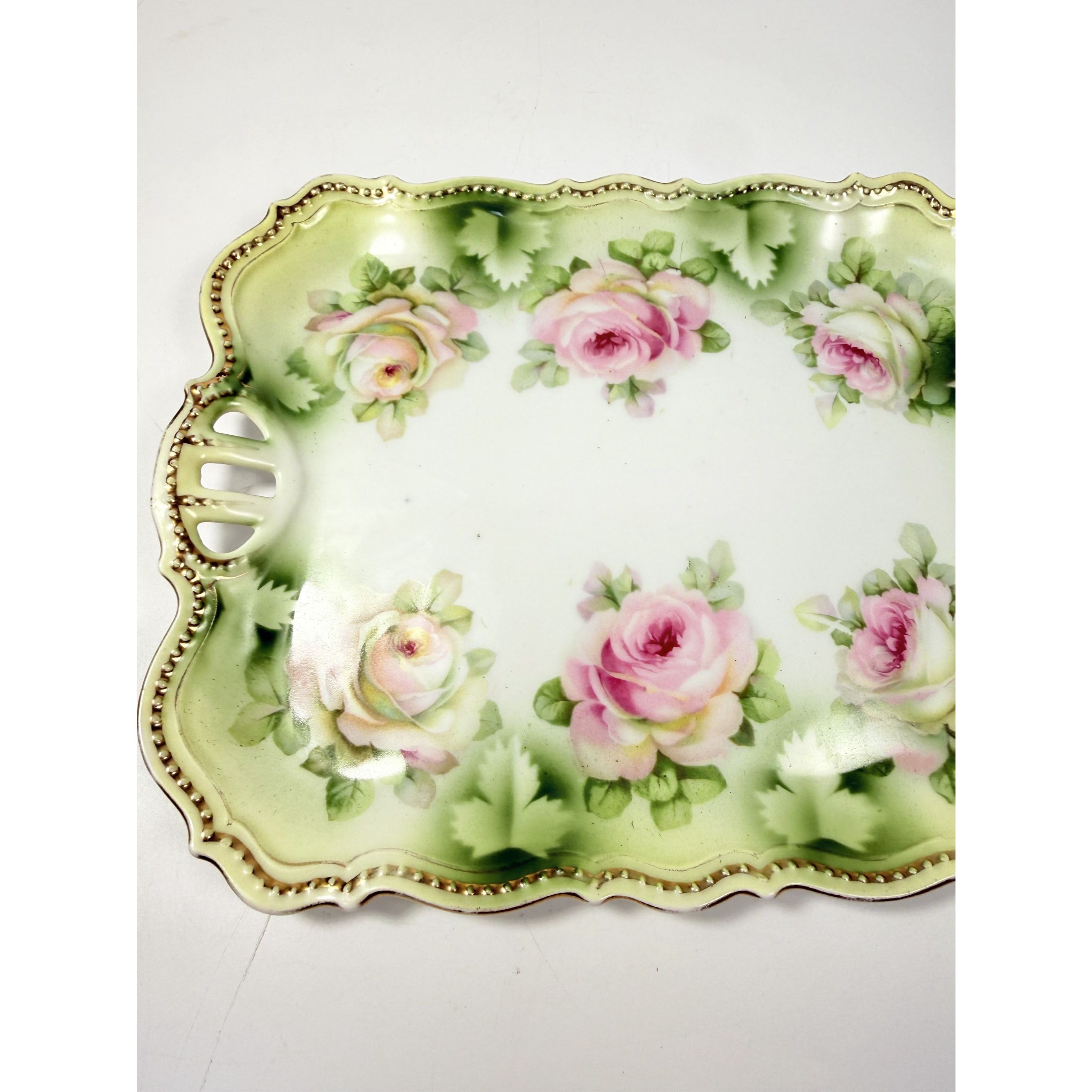 Bread Celery Serving Tray Dish PK Silesia Pink Roses Pierced Reticulated Handles Vintage Hand Painted Flowers Replacement China Victorian